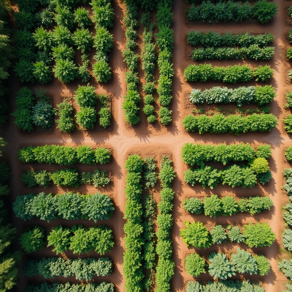 Vista aérea de huerto urbano municipal con parcelas ordenadas